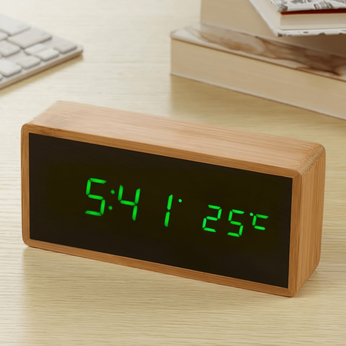 LumaWood minimalistisk LED bambus vekkerklokke med temperaturvisning