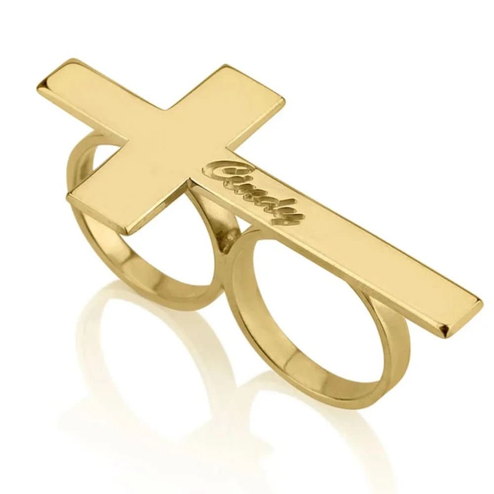 NovaForge Stainless Steel Two-Finger Ring With Engraving Bold Unisex Jewelry