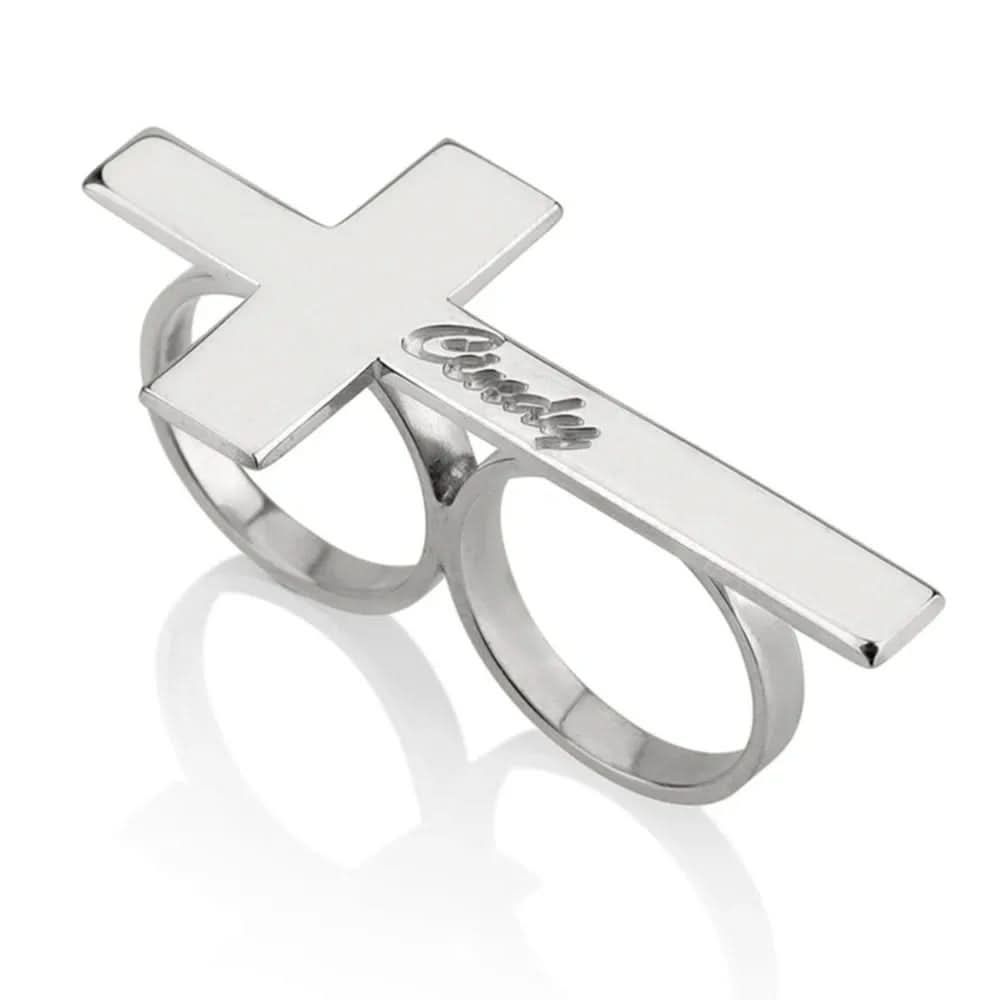NovaForge Stainless Steel Two-Finger Ring With Engraving Bold Unisex Jewelry