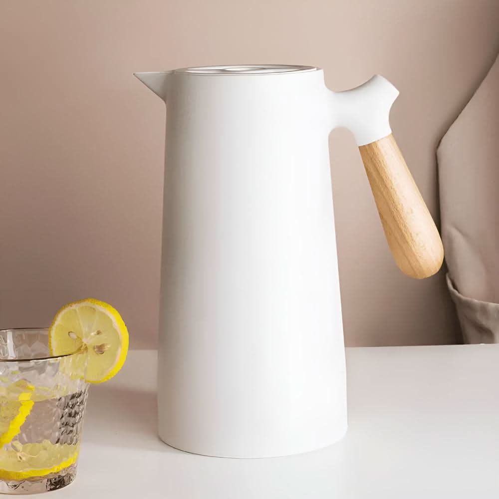 LuminaCarve dobbelvegget glasskaraffel med trehåndtak for varme og kalde drikker