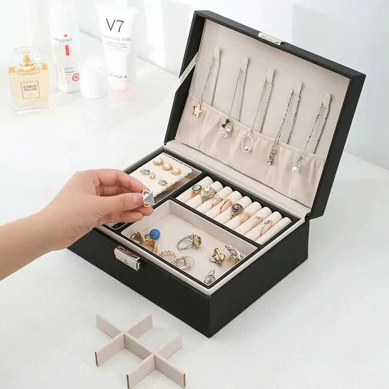 RegalCraft dřevěná šperkovnice s PU kůží pro ženy, dvoupatrová, elegantní organizér