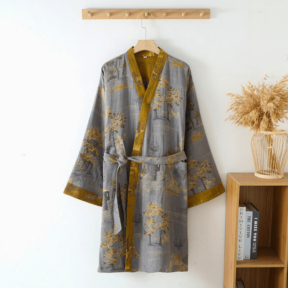 Unisex bomullsgaze kimono badekåpe retro pustende komfort for hjemme-spa