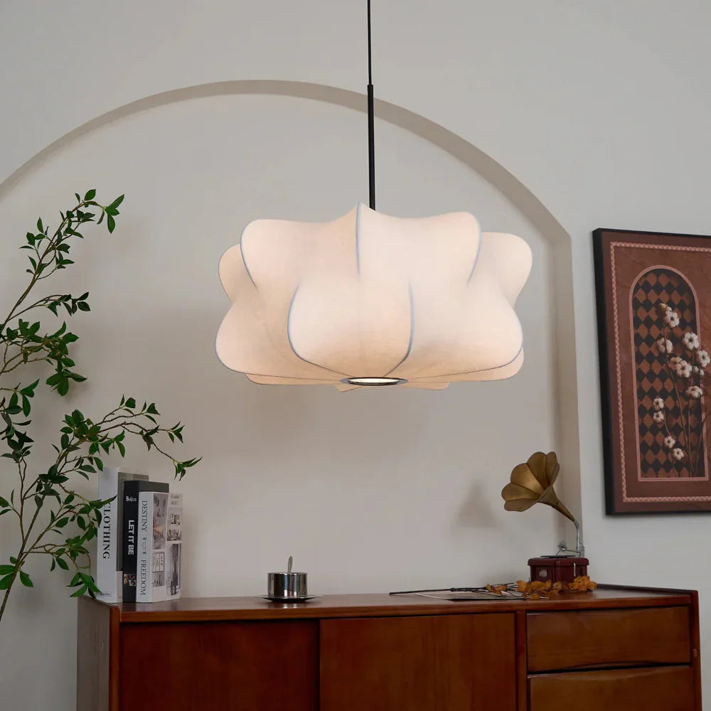 Mulberry Silk Pendant Light With Sculptural Shade For Indoor Use