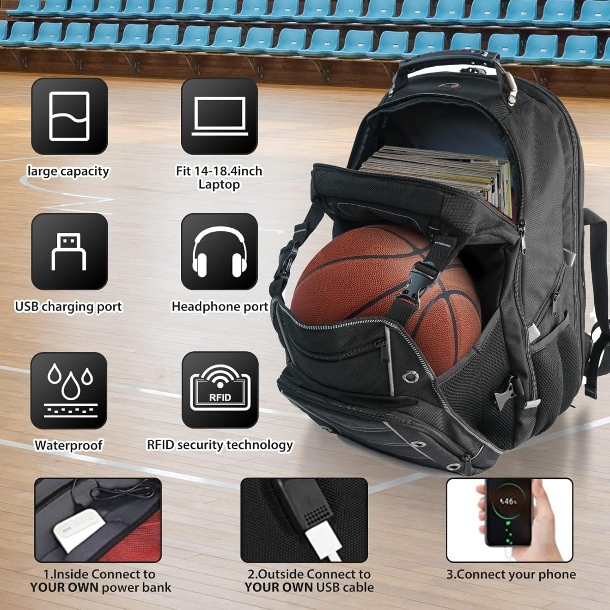 תיק גב TRAVELMAX בנפח 55 ליטר לטיולים עם חיבור USB והגנה מפני RFID