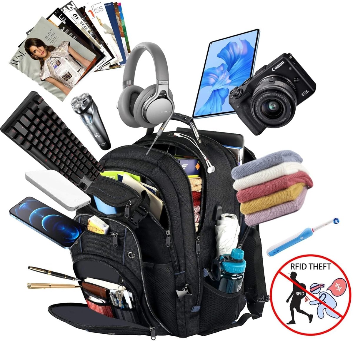 תיק גב TRAVELMAX בנפח 55 ליטר לטיולים עם חיבור USB והגנה מפני RFID