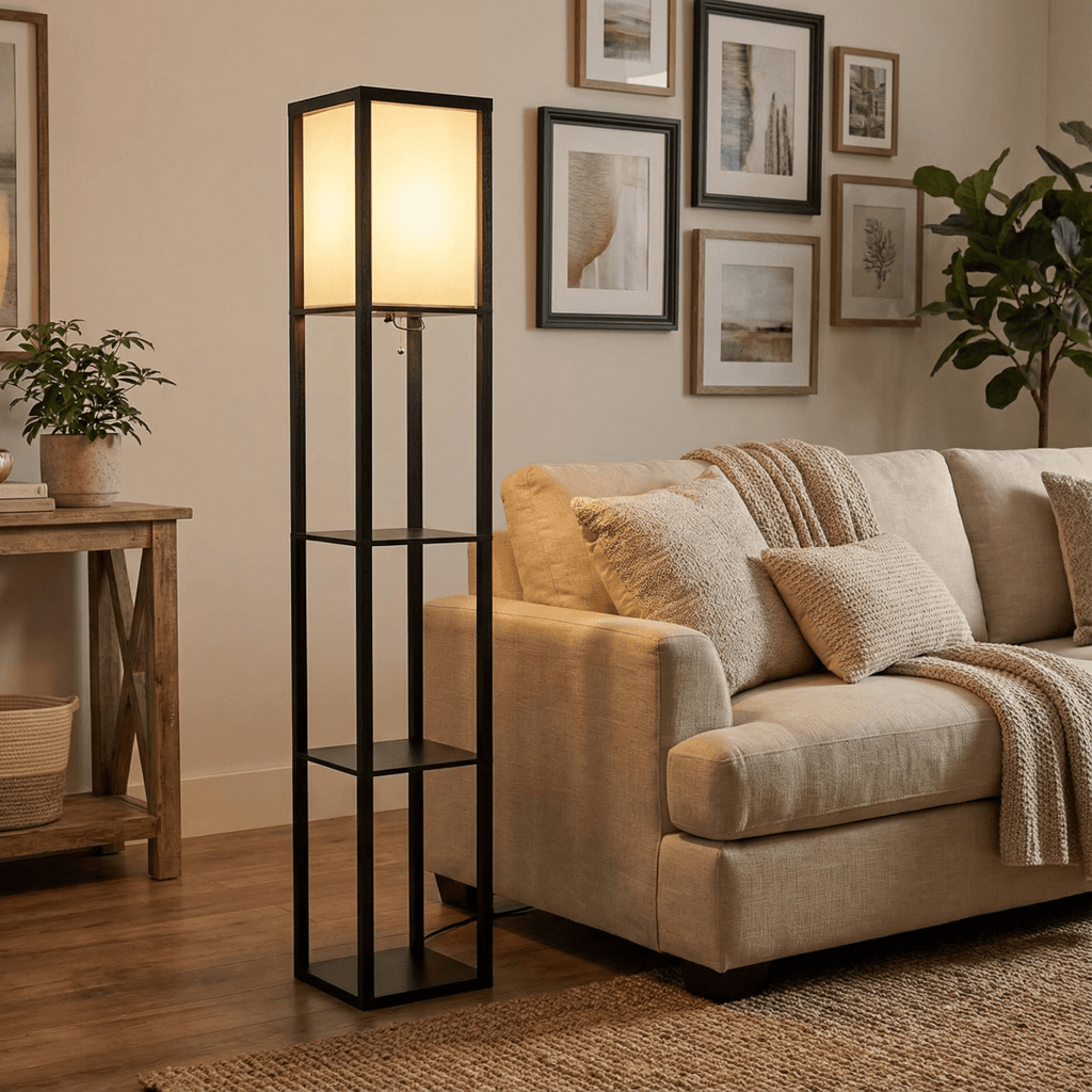 60-Zoll-Stehlampe mit eingebauten Aufbewahrungsregalen und Stoffschirm