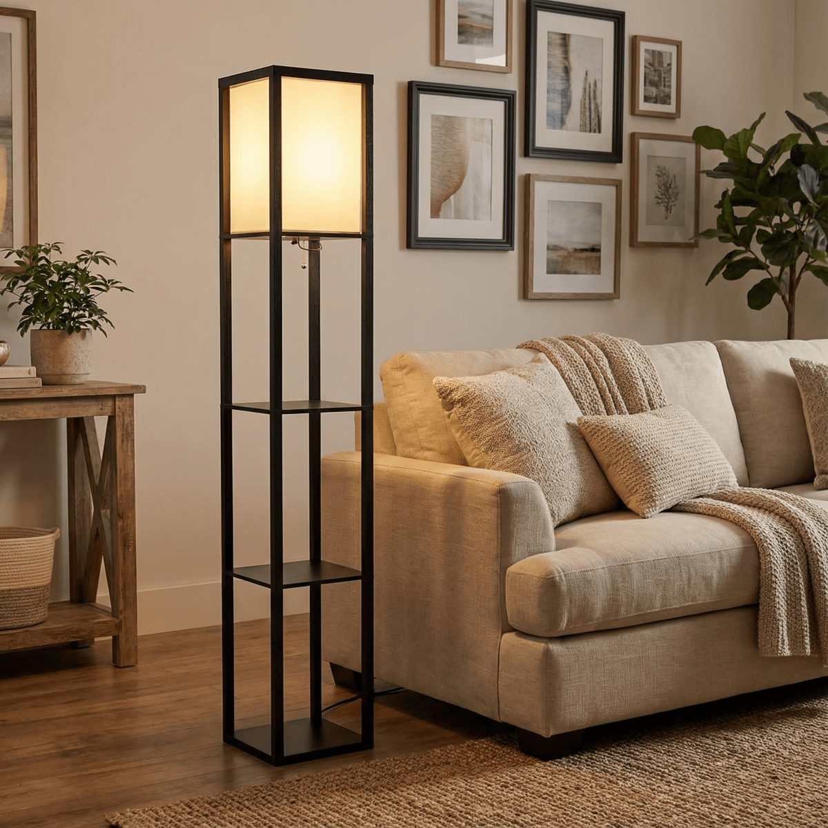 60-Zoll-Stehlampe mit eingebauten Aufbewahrungsregalen und Stoffschirm