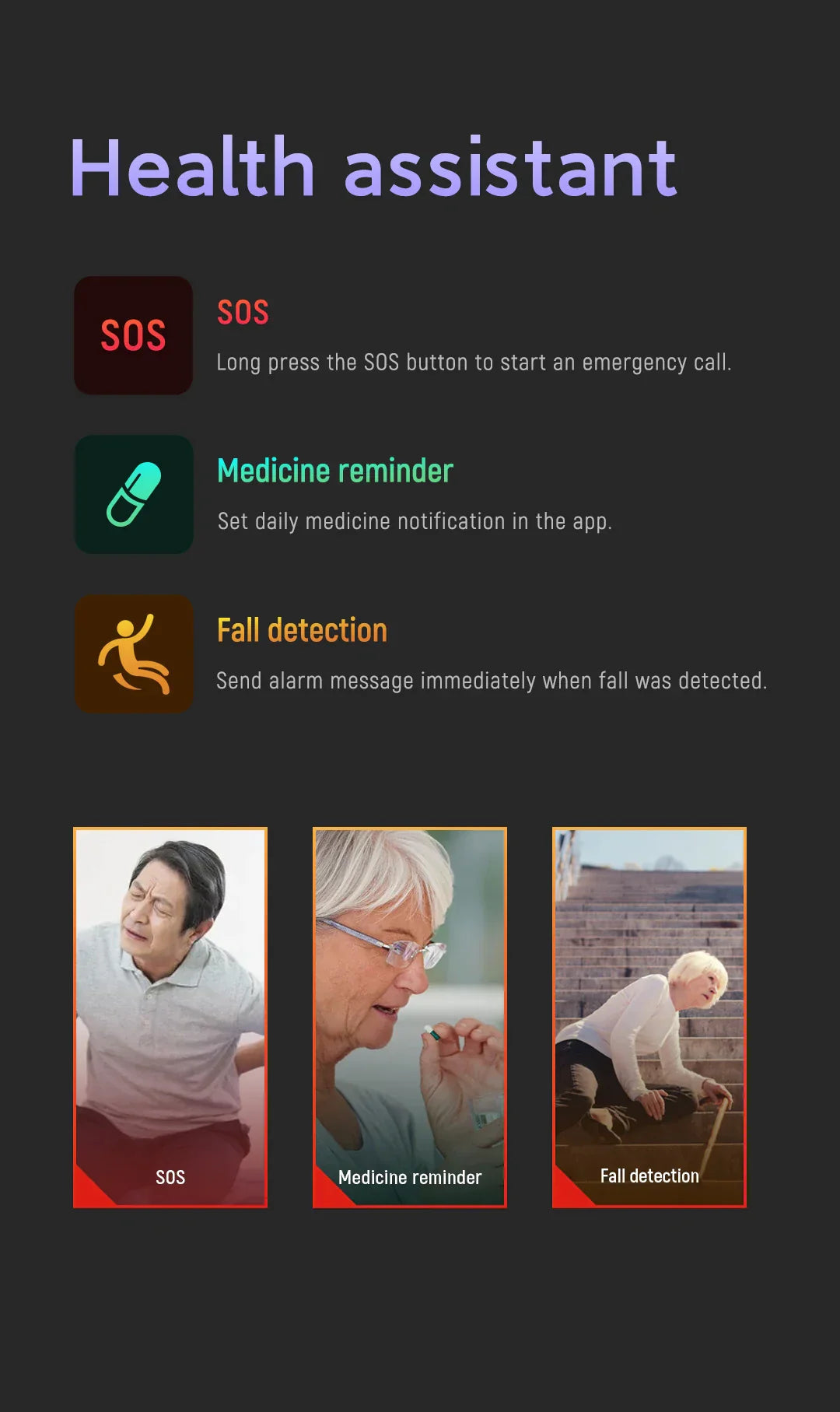 Senior faldregistreringsur med 4G GPS SOS medicinalalarm til kære