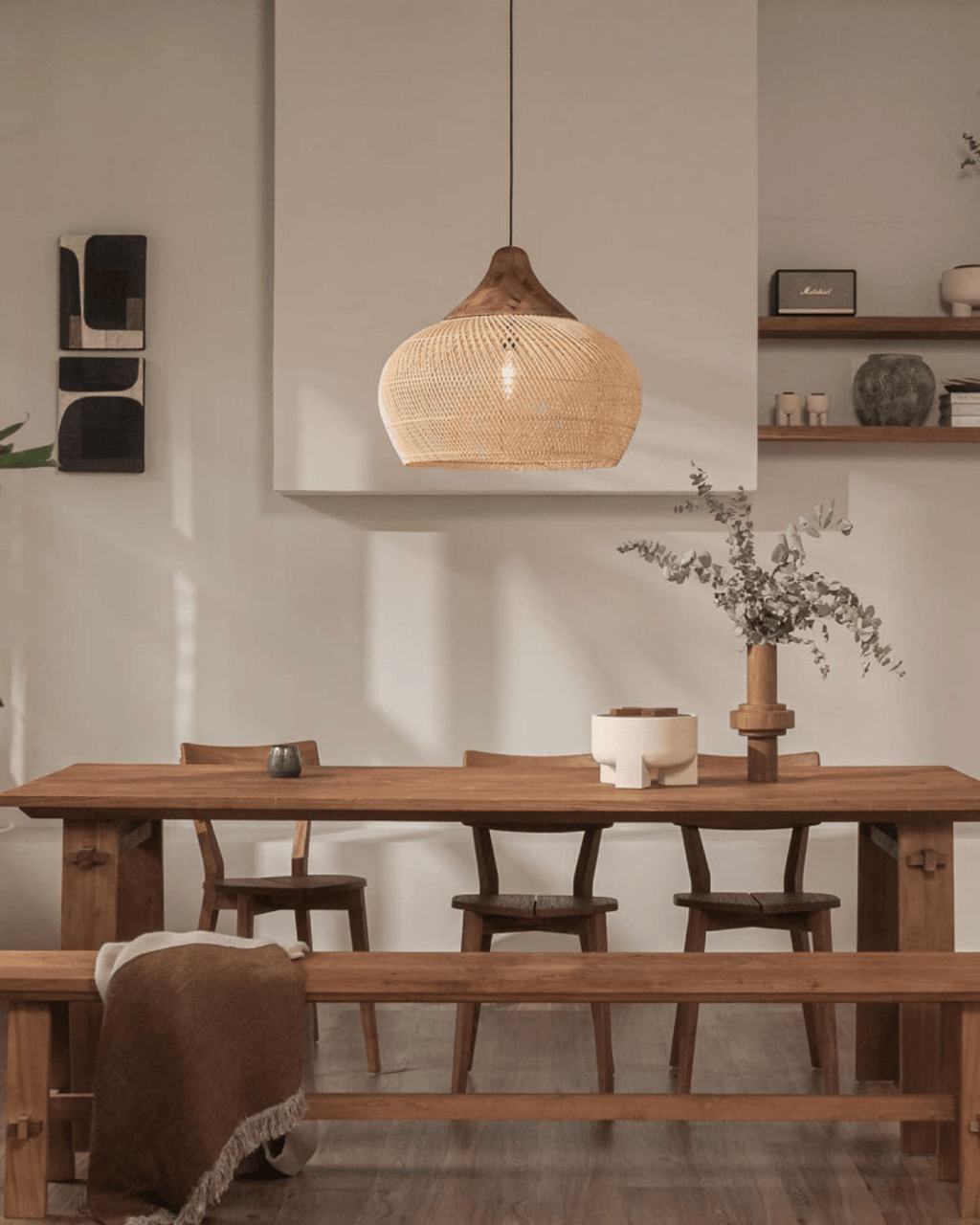 Levana Fabric Rattan Large Pendant Light With Wood Trim