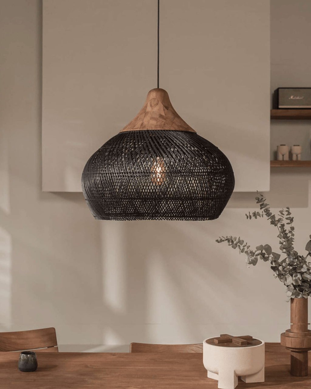 Levana Fabric Rattan Large Pendant Light With Wood Trim
