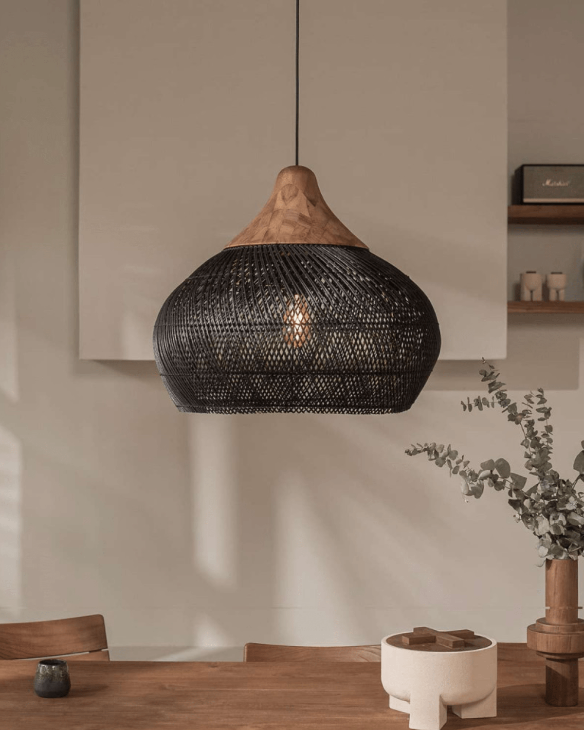 Levana Fabric Rattan Large Pendant Light With Wood Trim