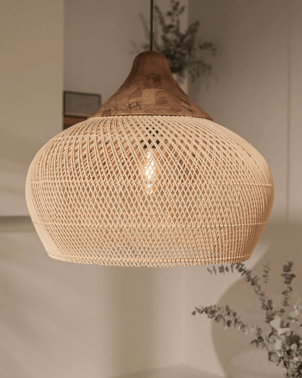 Levana Fabric Rattan Large Pendant Light With Wood Trim