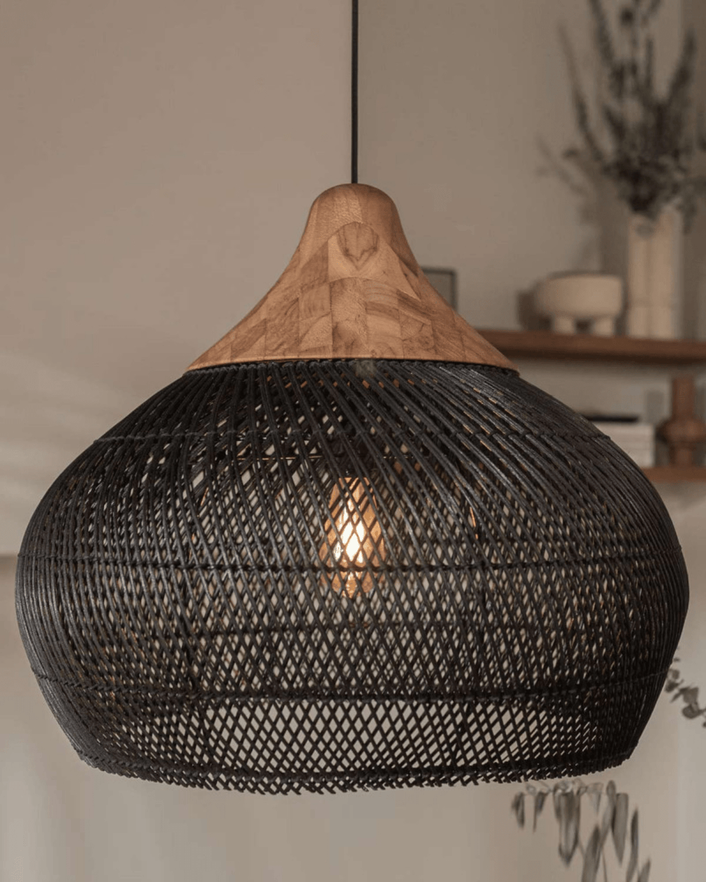 Levana Fabric Rattan Large Pendant Light With Wood Trim