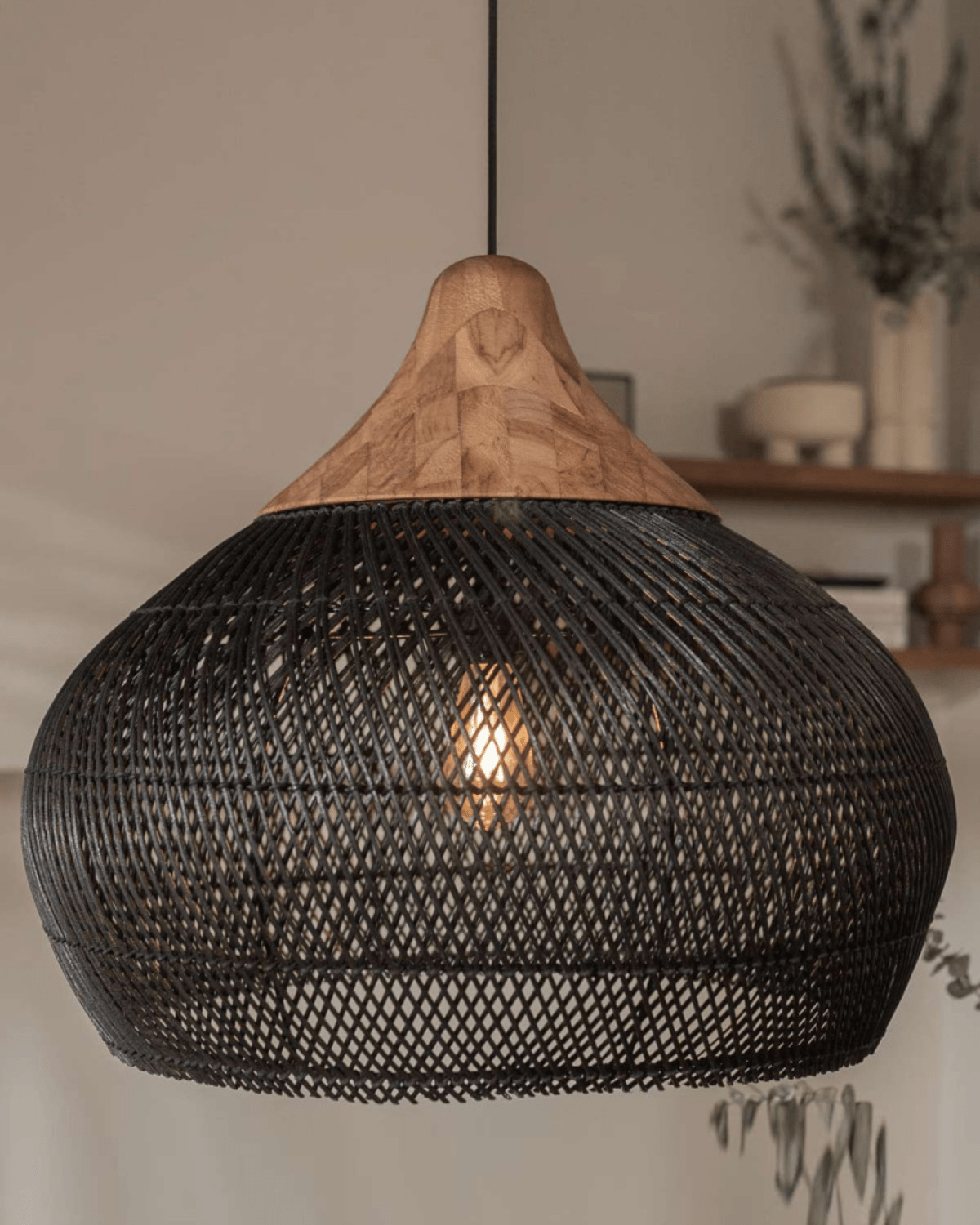 Levana Fabric Rattan Large Pendant Light With Wood Trim