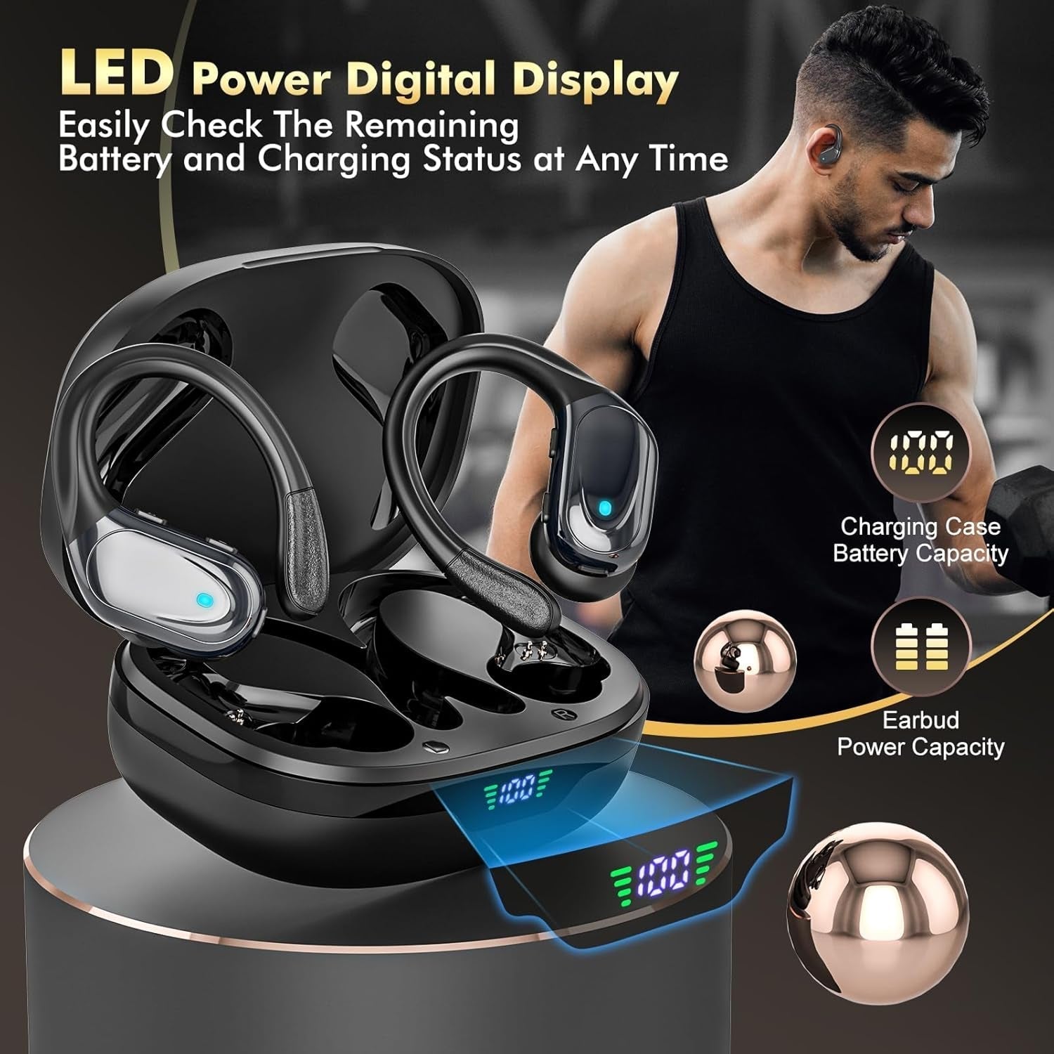 Auricolari FitSyncbud per palestra con vestibilità sicura e batteria impermeabile da 80 ore