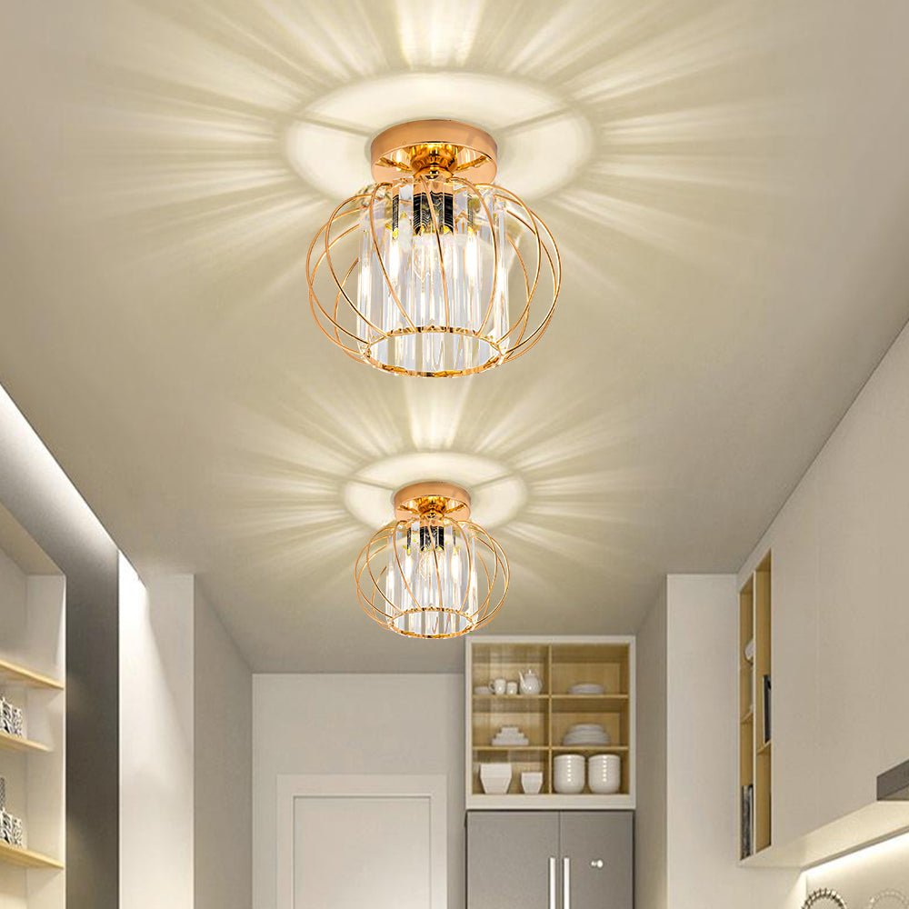 Flush Mount Ceiling Light With Glass Cage And Metal Frame