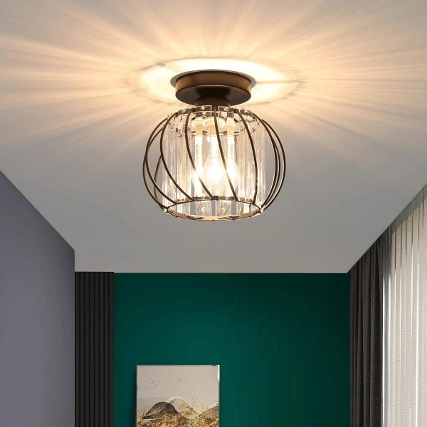 Flush Mount Ceiling Light With Glass Cage And Metal Frame