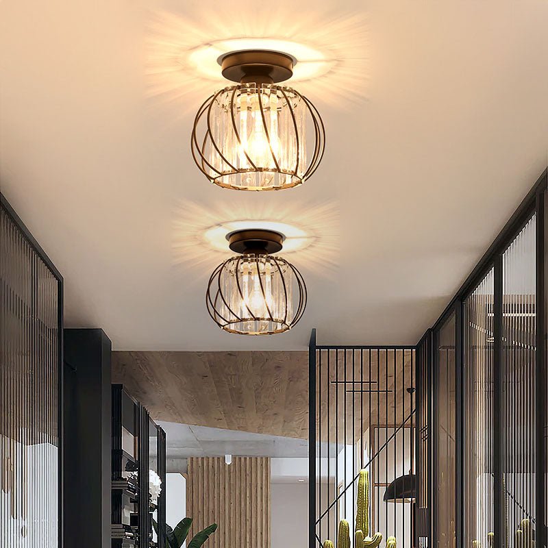 Flush Mount Ceiling Light With Glass Cage And Metal Frame