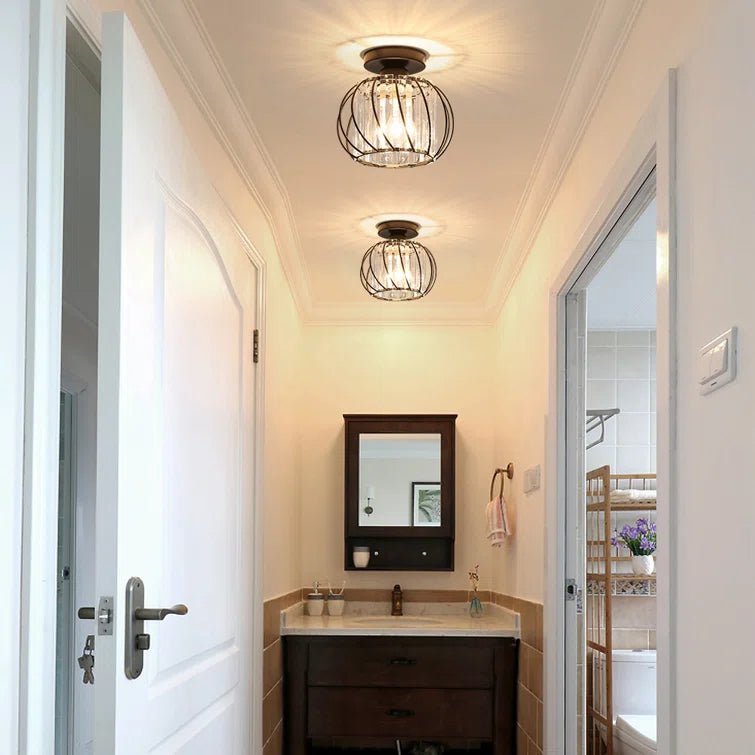 Flush Mount Ceiling Light With Glass Cage And Metal Frame