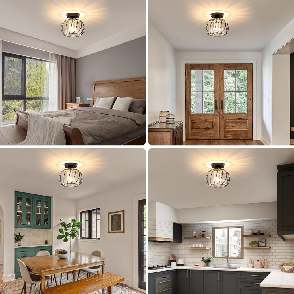 Flush Mount Ceiling Light With Glass Cage And Metal Frame
