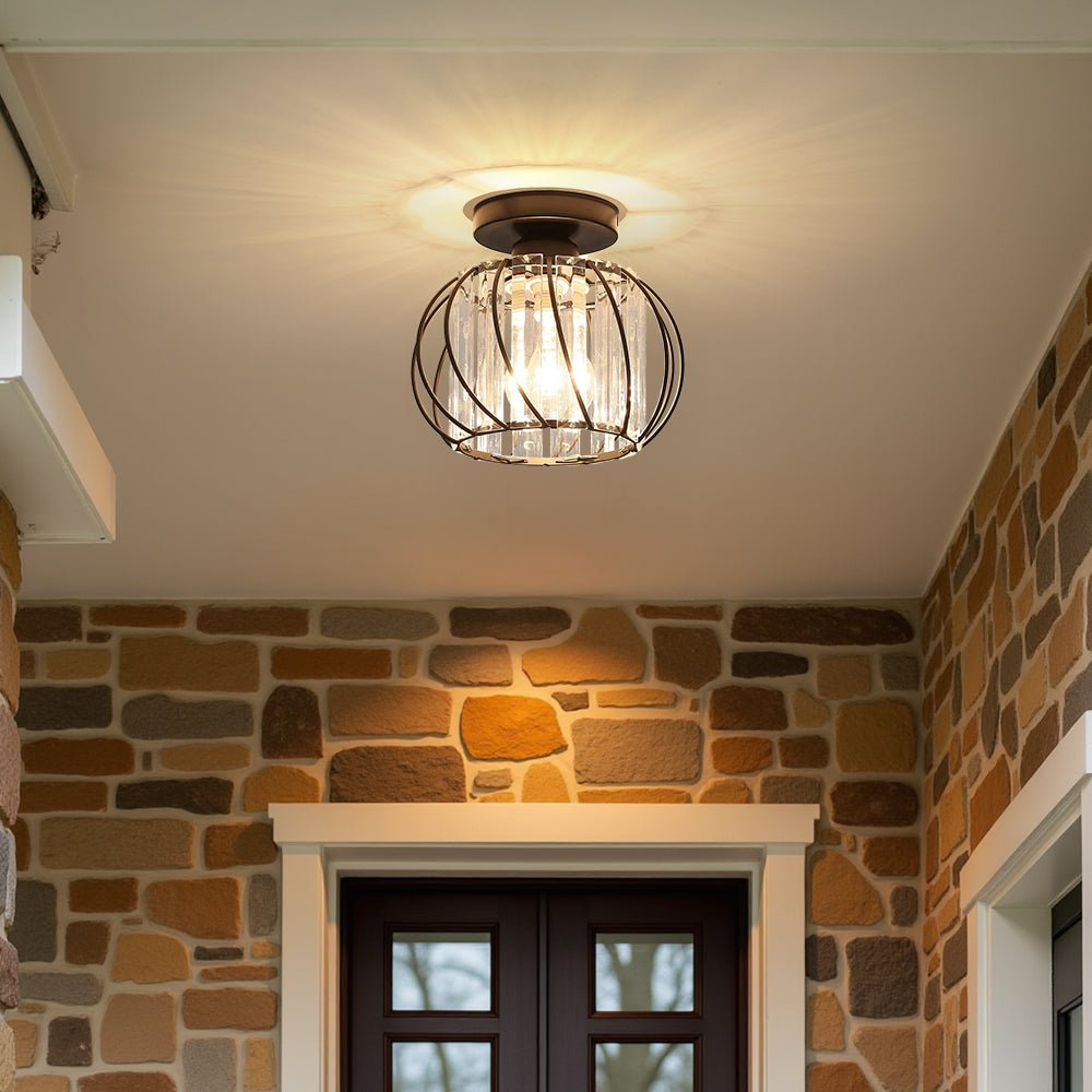Flush Mount Ceiling Light With Glass Cage And Metal Frame