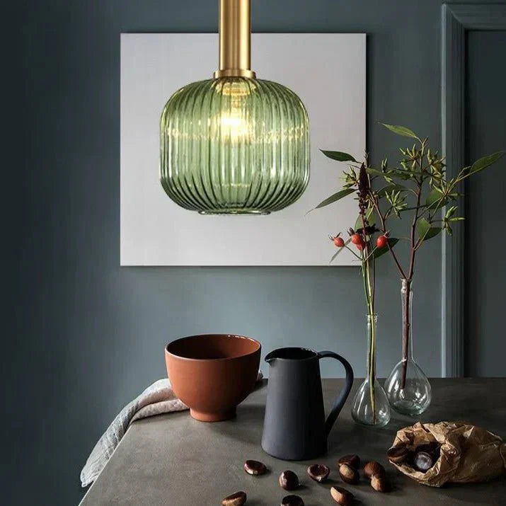 Vintage stil pendel med rillede glasskærm, 12 tommer i diameter