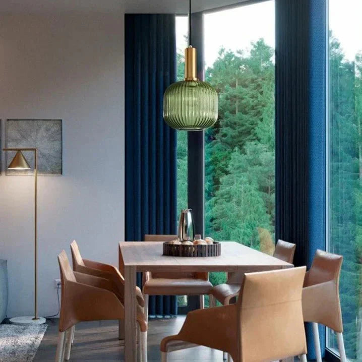 Vintage stil pendel med rillede glasskærm, 12 tommer i diameter