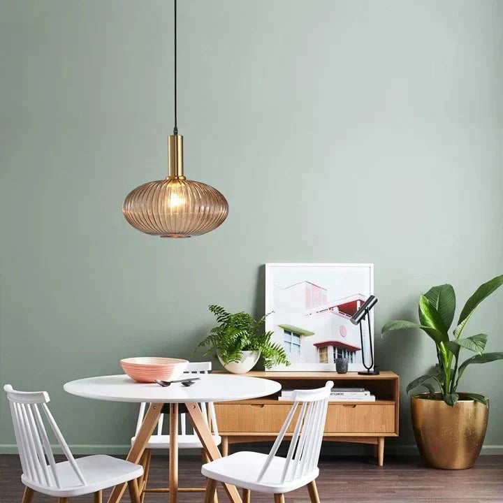 Vintage stil pendel med rillede glasskærm, 12 tommer i diameter