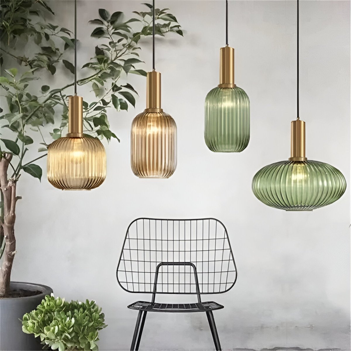 Vintage stil pendel med rillede glasskærm, 12 tommer i diameter