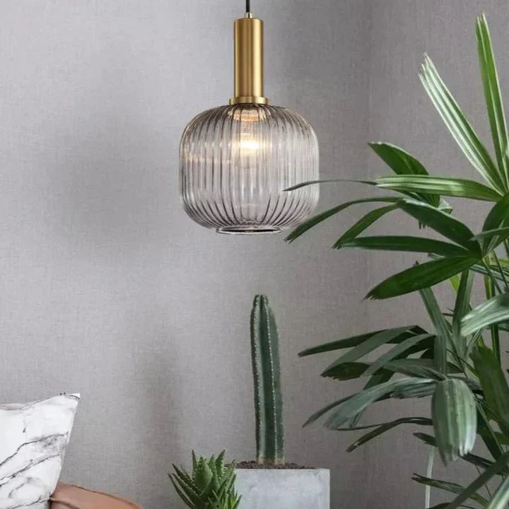 Vintage stil pendel med rillede glasskærm, 12 tommer i diameter