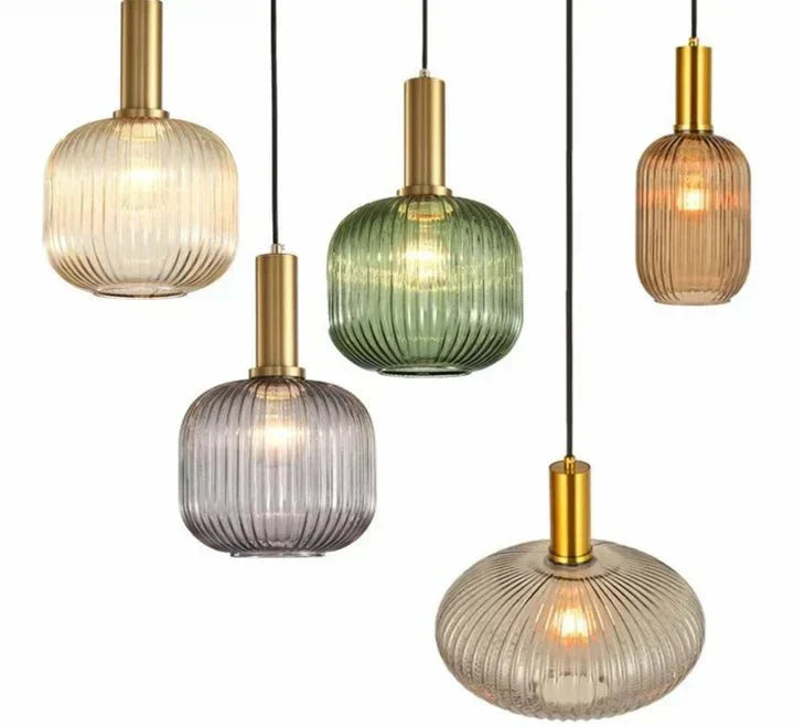 Vintage stil pendel med rillede glasskærm, 12 tommer i diameter
