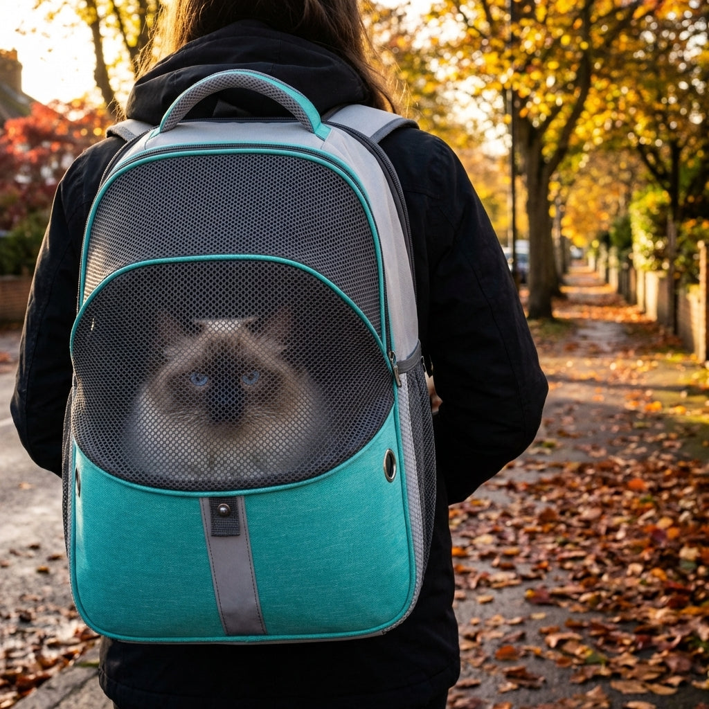 Sammenleggbar og utvidbar ryggsekk for katter med nettingventilasjon