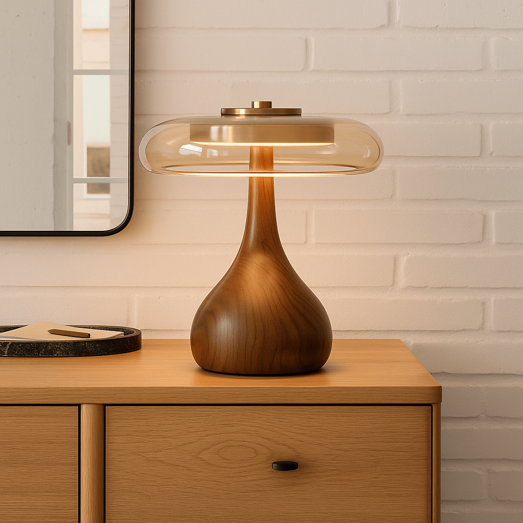 Stolní lampa LUXEN stmívatelná LED s dřevěným podstavcem pro teplý moderní interiér