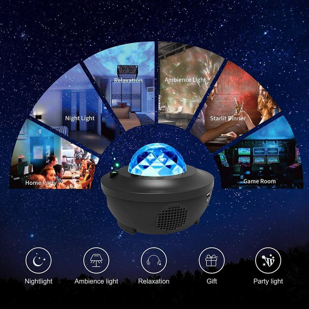 NebulaGlow bærbar galakseprojektor med fjernbetjening og Bluetooth-højttaler til soveværelser