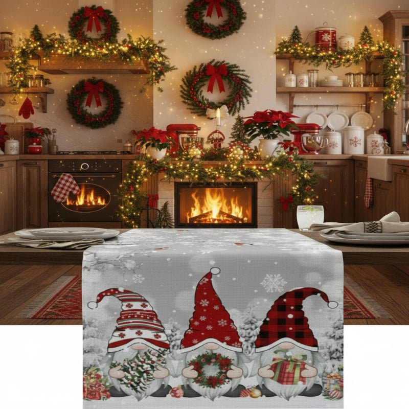 Luxe Linen Festive Table Runner With Snowflake And Gnome Motif For Holiday Hosts