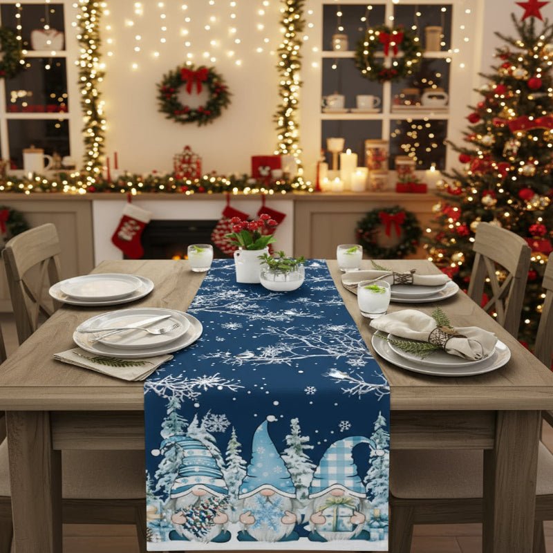 Luxe Linen Festive Table Runner With Snowflake And Gnome Motif For Holiday Hosts