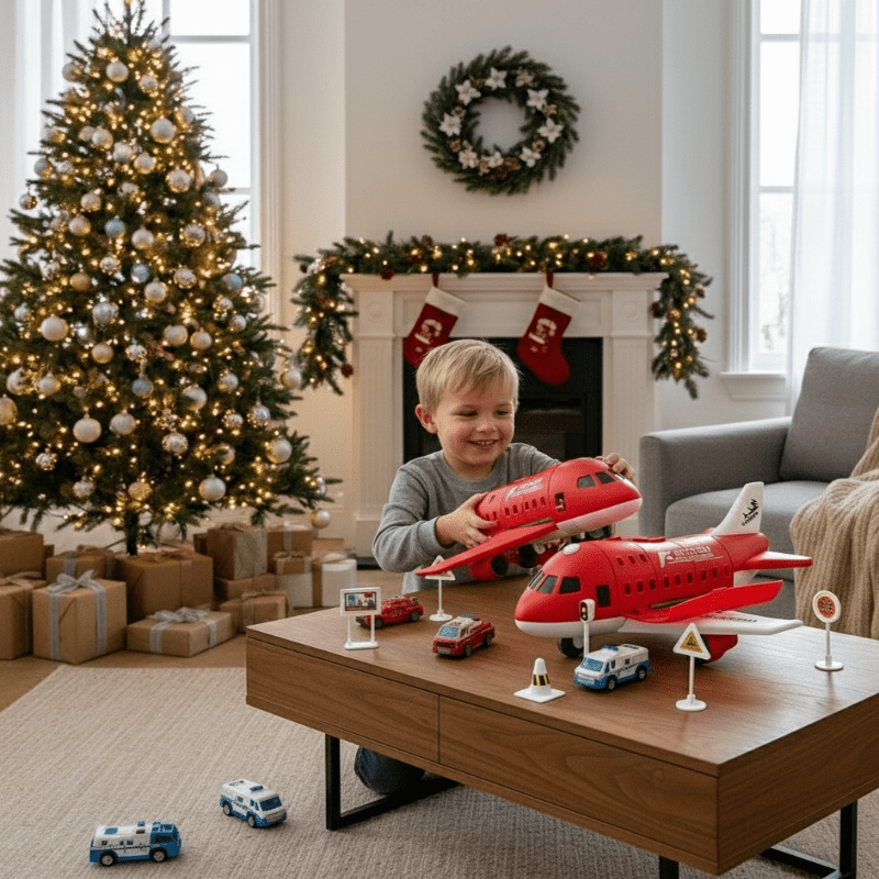 NovaTown Trägheitsflugzeug- und Fahrzeug-Spielset für Kinder mit Hubschrauber-Straßenschildern