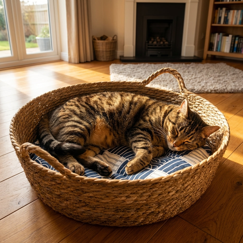 Natürliche Material-Katzenbett aus Rohrkolben mit handgewebtem Gefühl, Größen 35, 42 und 48 cm