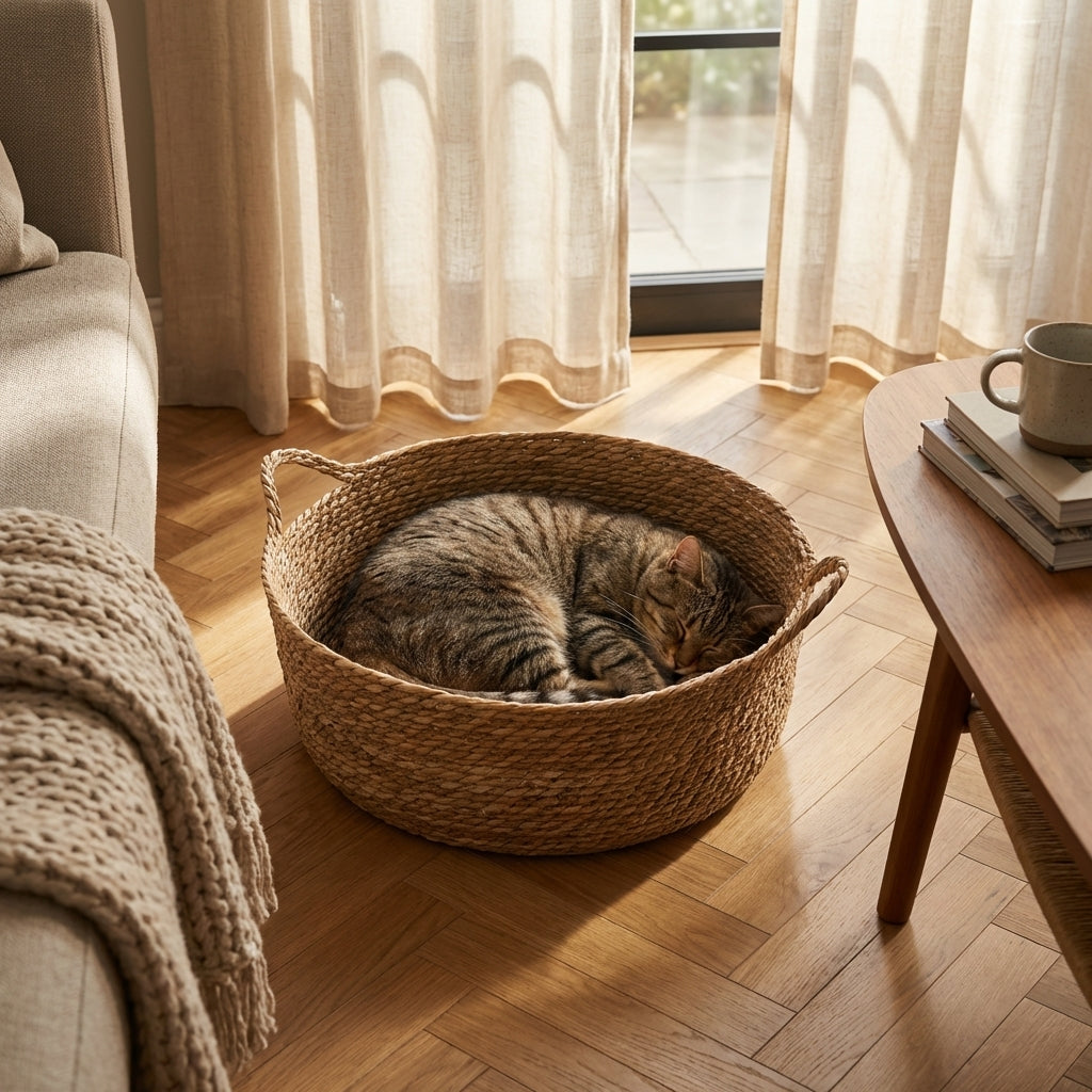 Natürliche Material-Katzenbett aus Rohrkolben mit handgewebtem Gefühl, Größen 35, 42 und 48 cm
