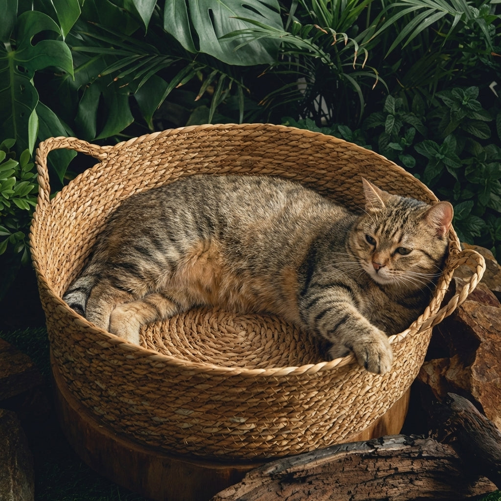 Natürliche Material-Katzenbett aus Rohrkolben mit handgewebtem Gefühl, Größen 35, 42 und 48 cm