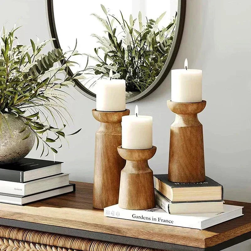 Set Of 3 Handmade Wooden Candle Holders In Retro Style For Elegant Decor