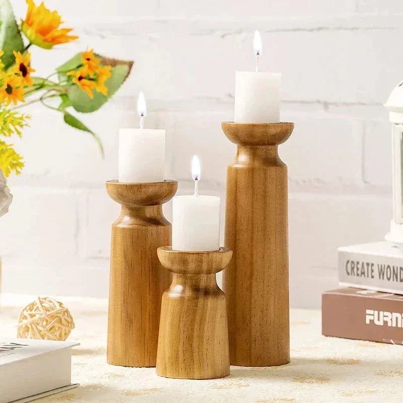 Set Of 3 Handmade Wooden Candle Holders In Retro Style For Elegant Decor