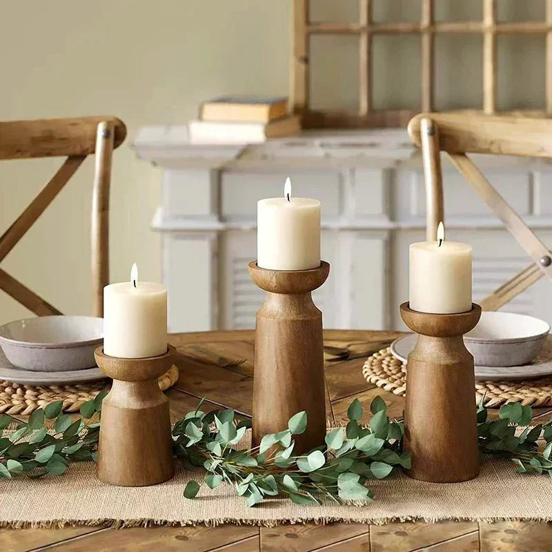 Set Of 3 Handmade Wooden Candle Holders In Retro Style For Elegant Decor
