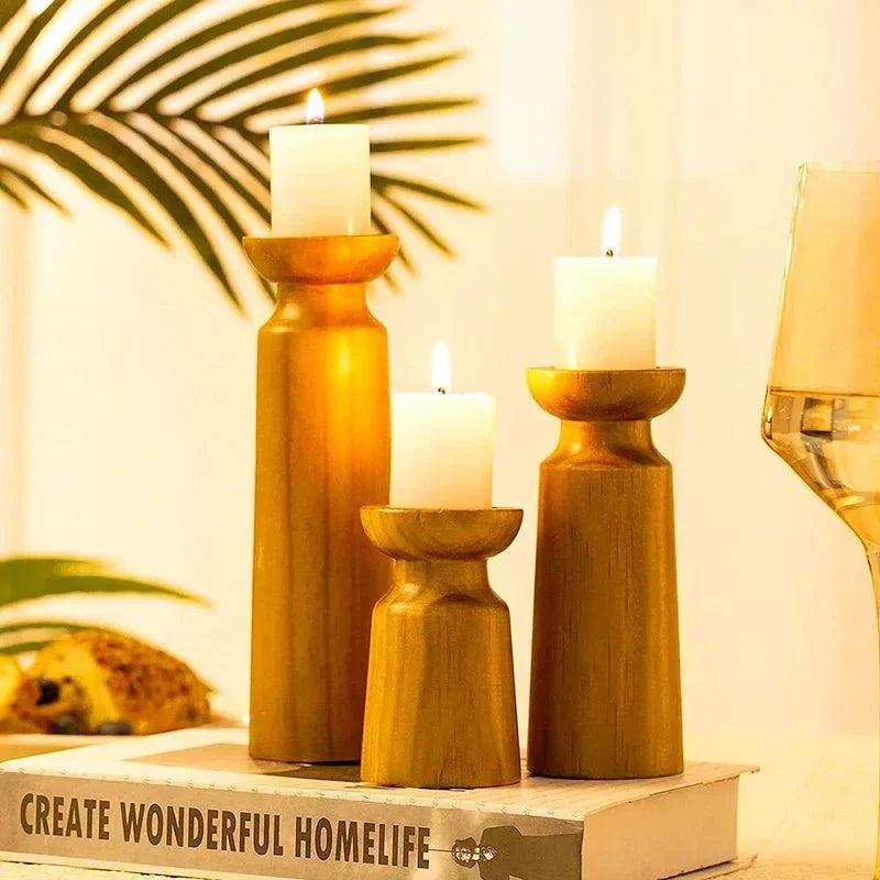 Set Of 3 Handmade Wooden Candle Holders In Retro Style For Elegant Decor