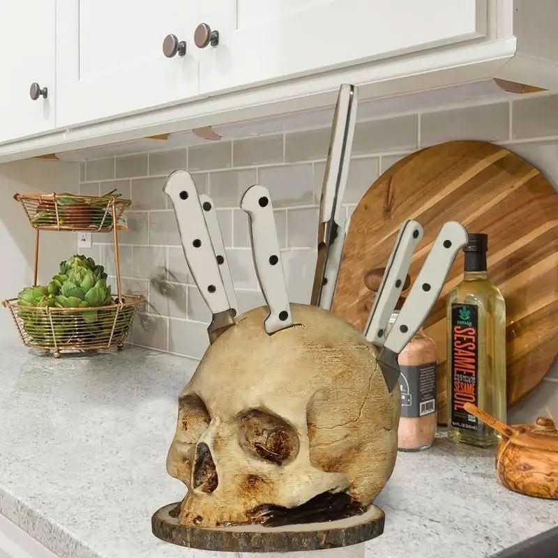 Handcrafted Gothic Skull Knife Holder Holds Up To 7 Knives Macabre Kitchen Decor