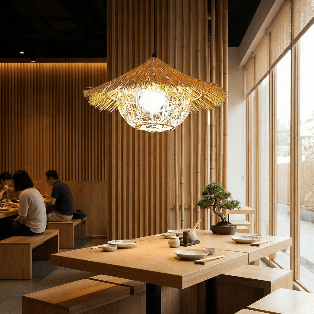 Pendant Light Made With Handwoven Bamboo Fringe For Boho Decor