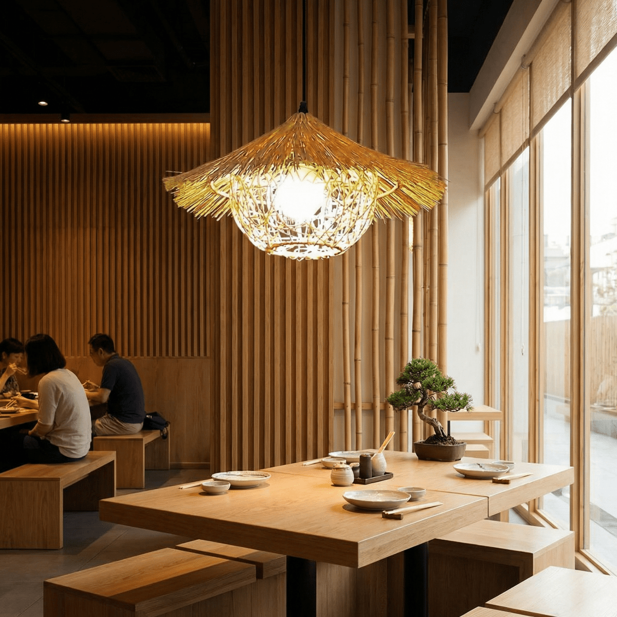 Pendant Light Made With Handwoven Bamboo Fringe For Boho Decor