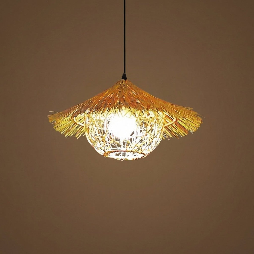 Pendant Light Made With Handwoven Bamboo Fringe For Boho Decor