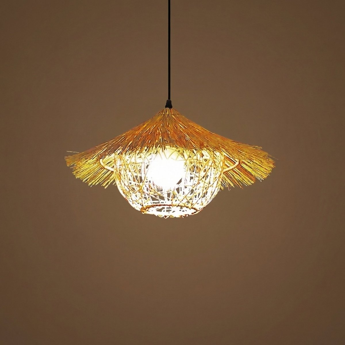 Pendant Light Made With Handwoven Bamboo Fringe For Boho Decor
