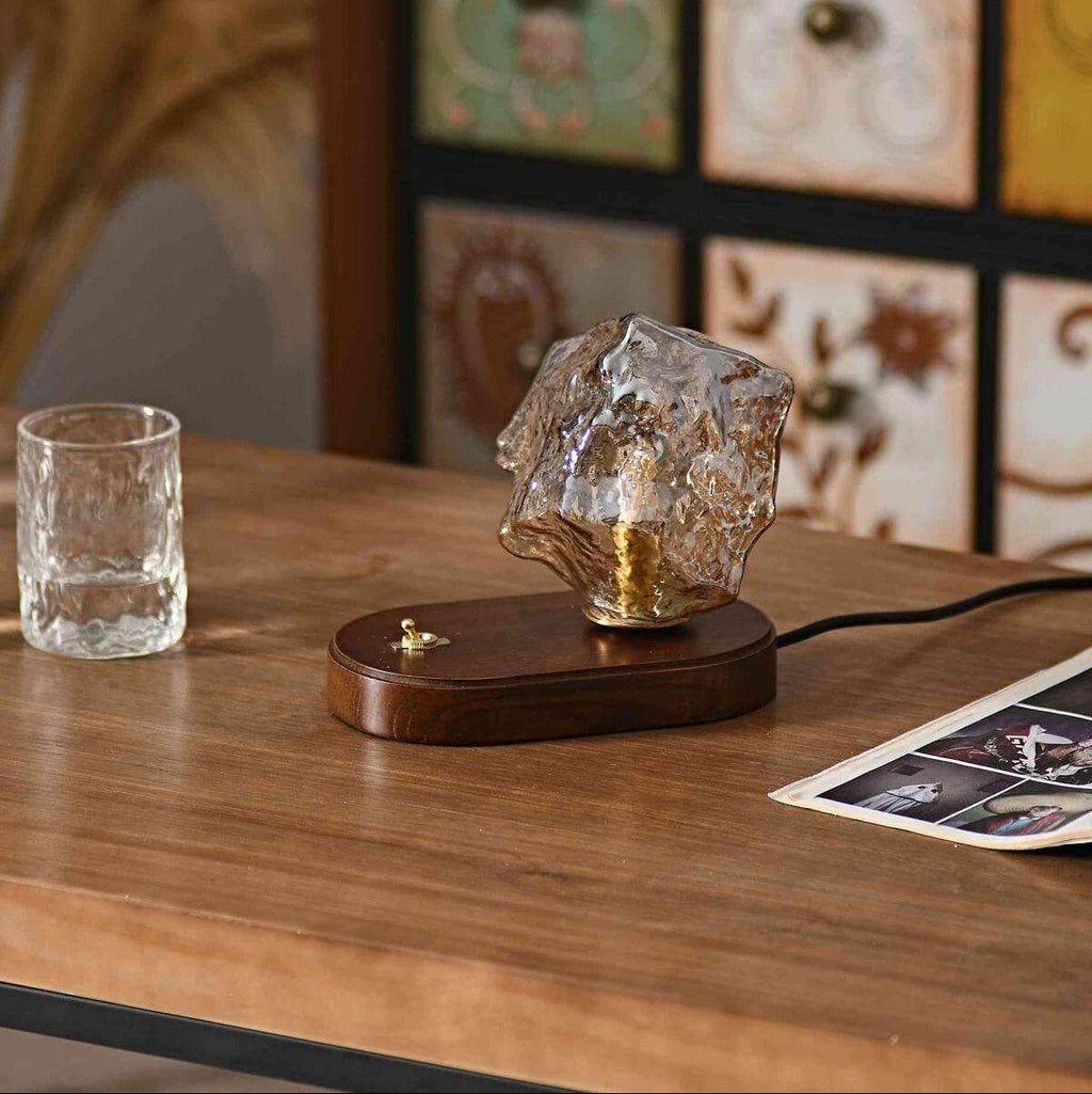 Lamp With Organic Glass And Wooden Base For Indoor Use